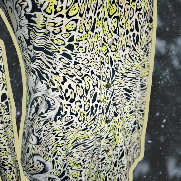 Caché Vintage Y2K Chartreuse / Lime Green Leopard & Brocade Button Down Top XS - Picture 4 of 10
